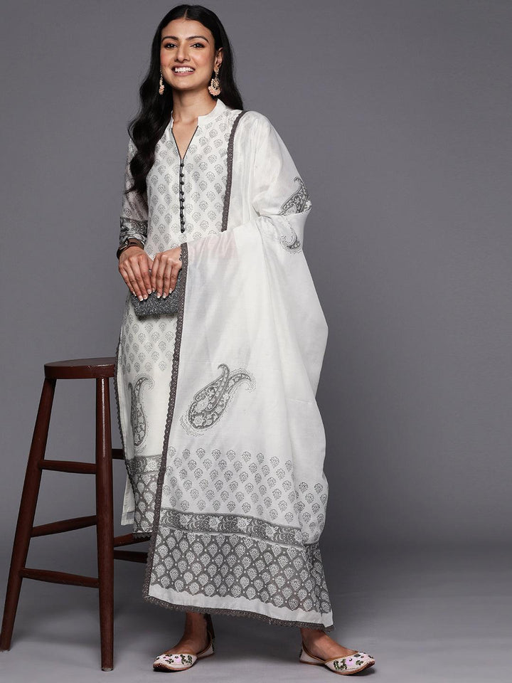 Off White Printed Chanderi Silk Straight Suit Set With Trousers