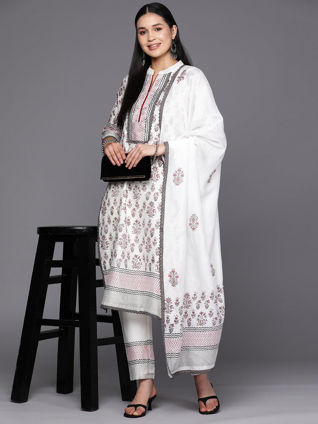 Off White Printed Chanderi Silk Straight Suit Set With Trousers - ShopLibas 