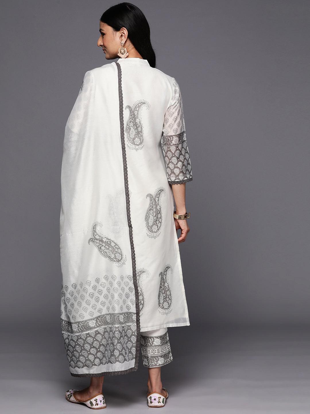 Off White Printed Chanderi Silk Straight Suit Set With Trousers - ShopLibas 