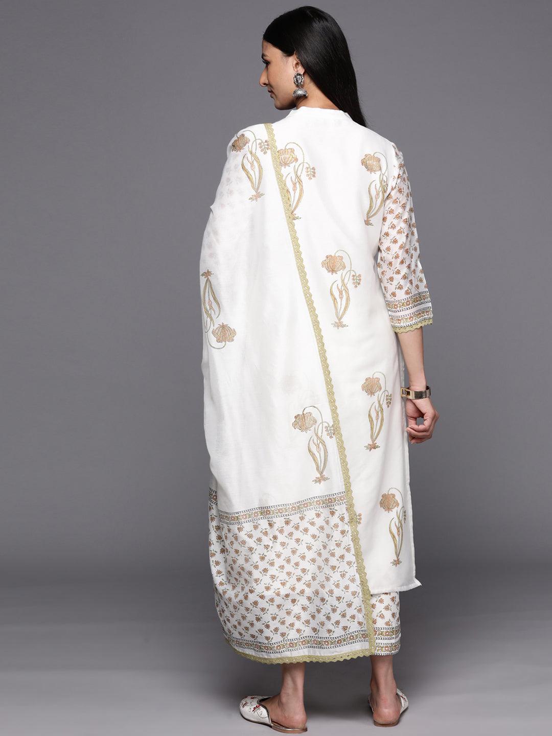 Off White Printed Chanderi Silk Straight Suit Set With Trousers - ShopLibas 