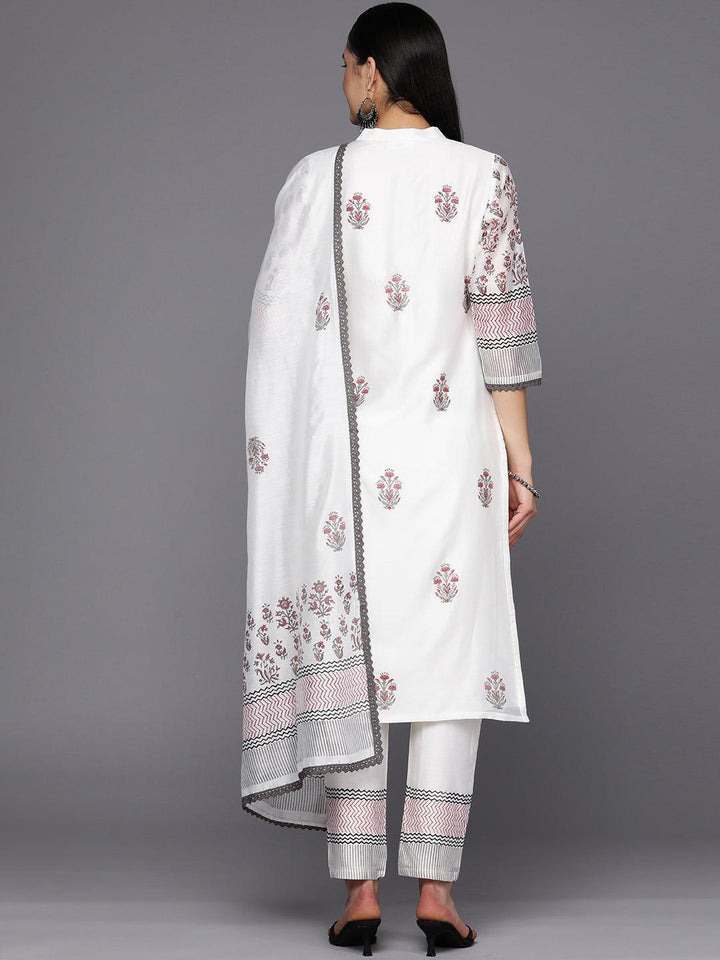 Off White Printed Chanderi Silk Straight Suit Set With Trousers