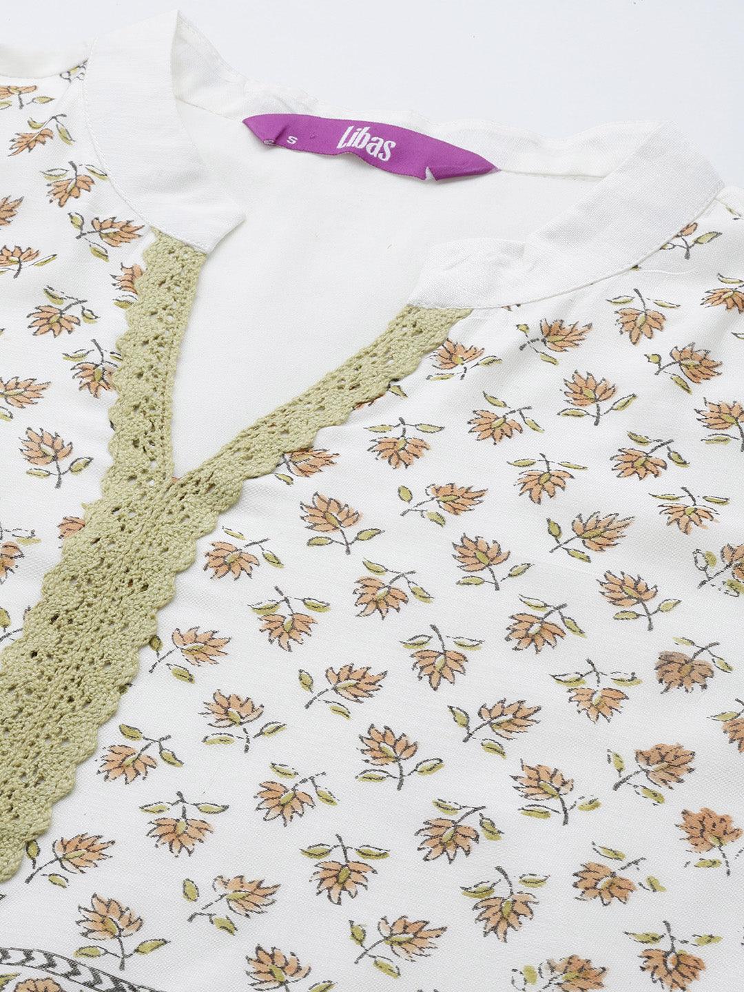 Off White Printed Chanderi Silk Straight Suit Set With Trousers - ShopLibas 