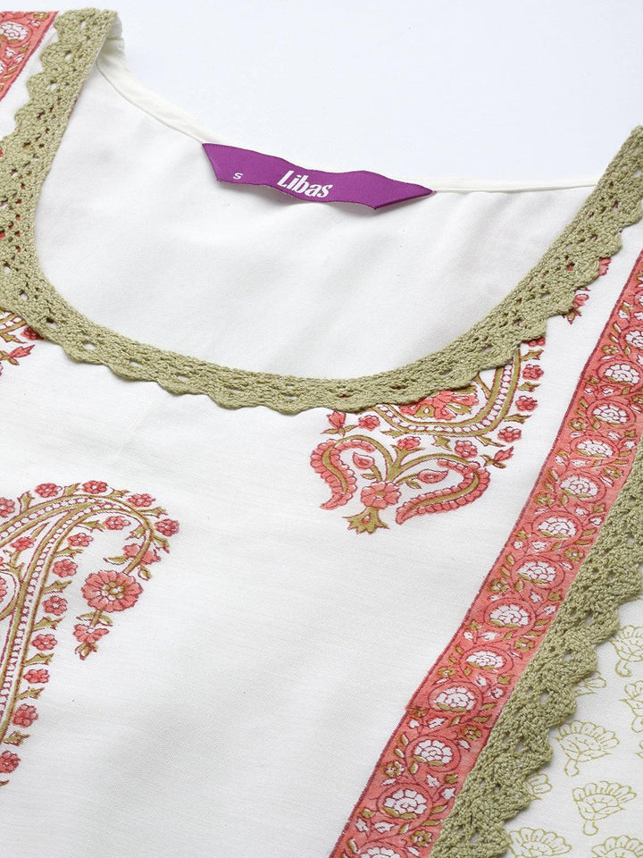 Off White Printed Chanderi Silk Straight Suit Set With Trousers