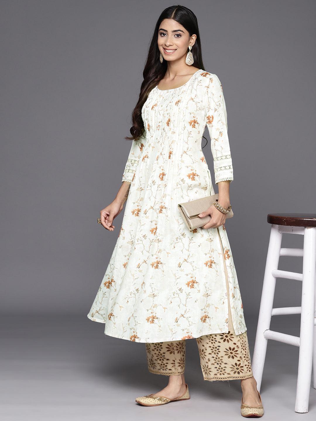 Off White Printed Cotton A-Line Kurta - Libas 