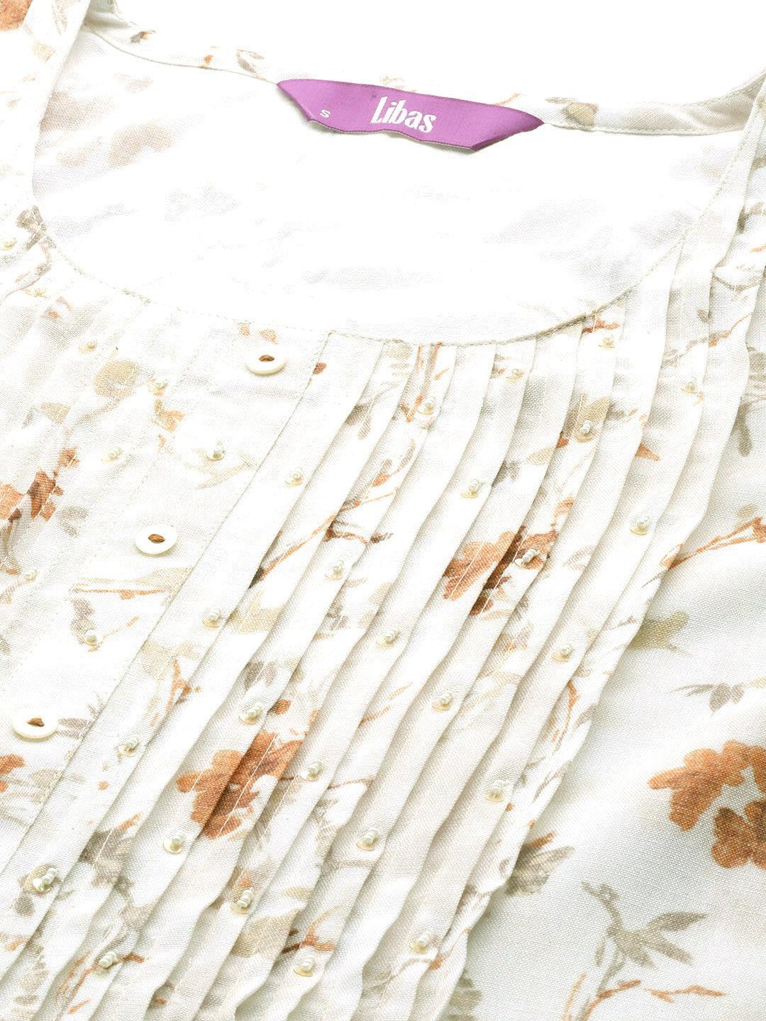 Off White Printed Cotton A-Line Kurta - Libas 