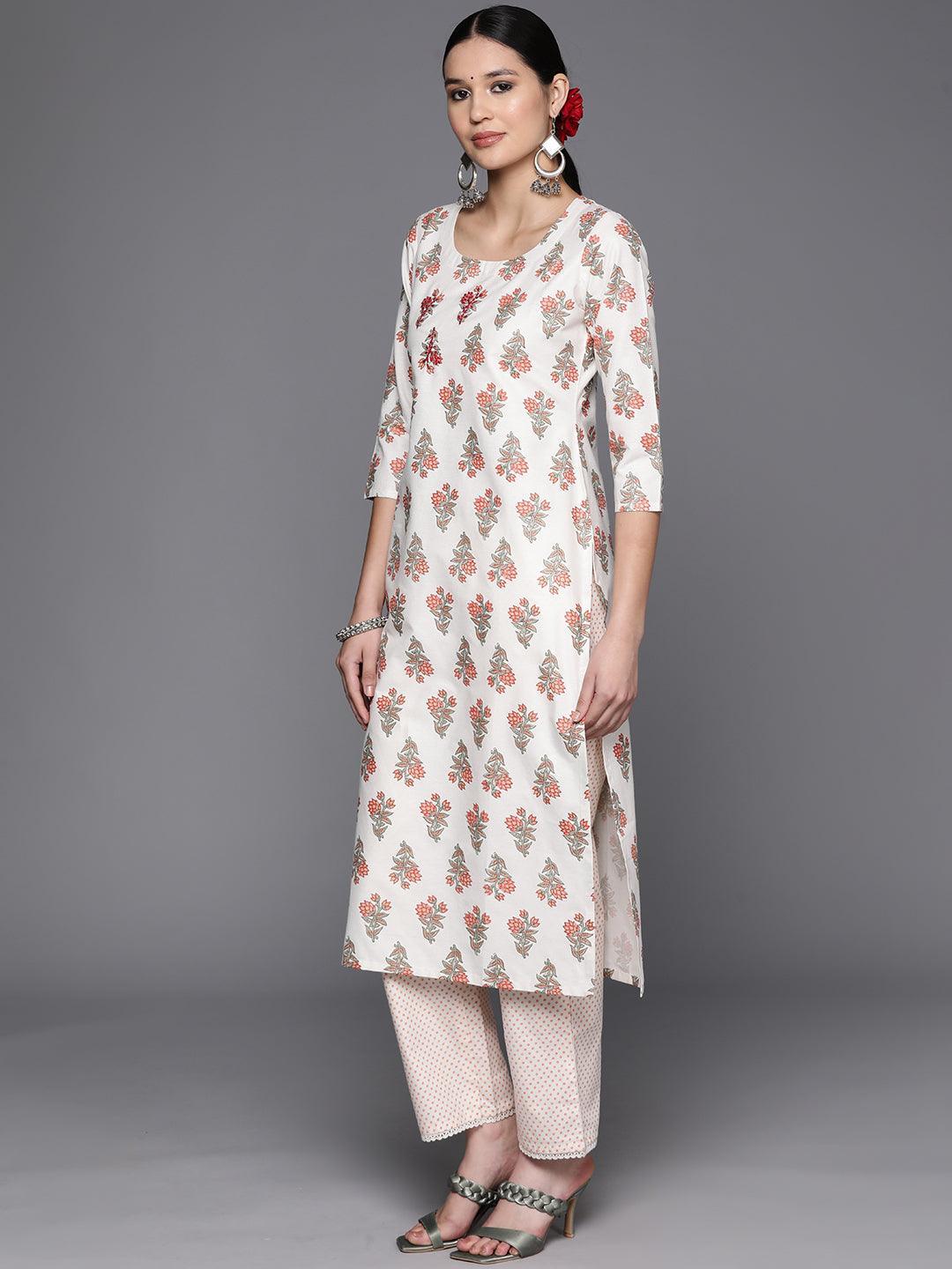 Off White Printed Cotton Blend Straight Kurta With Trousers - Libas 