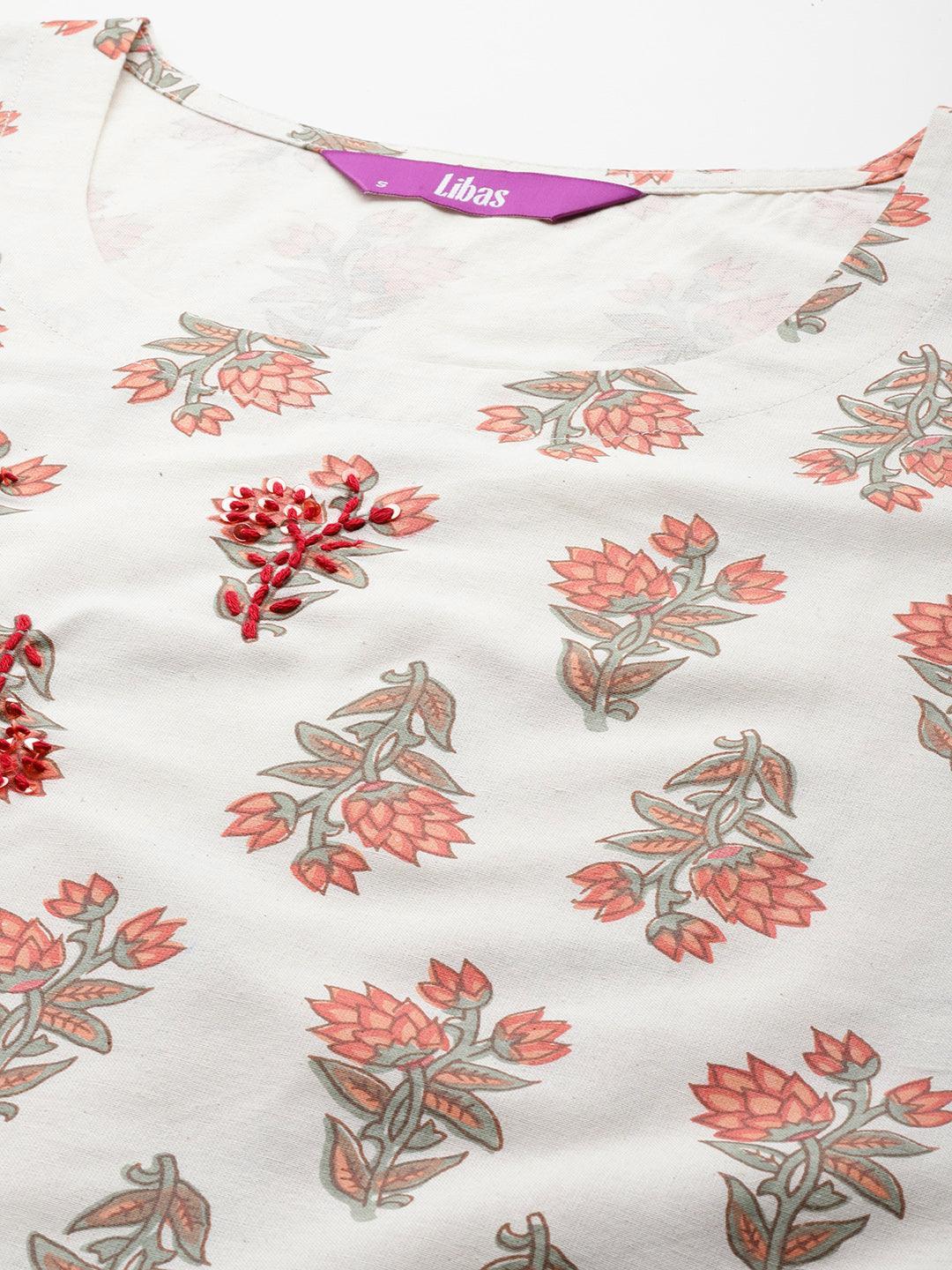 Off White Printed Cotton Blend Straight Kurta With Trousers - Libas 