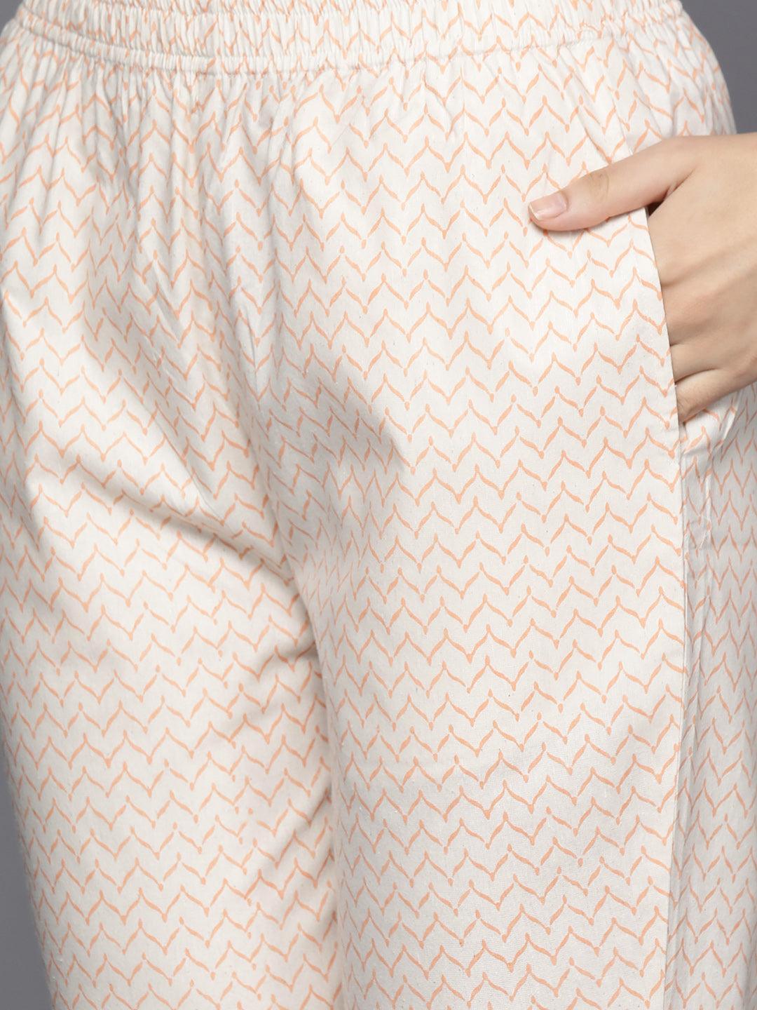 Off White Printed Cotton Blend Straight Kurta With Trousers - Libas 