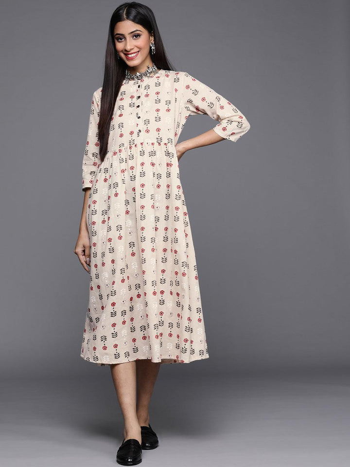 Off White Printed Cotton Dress - ShopLibas