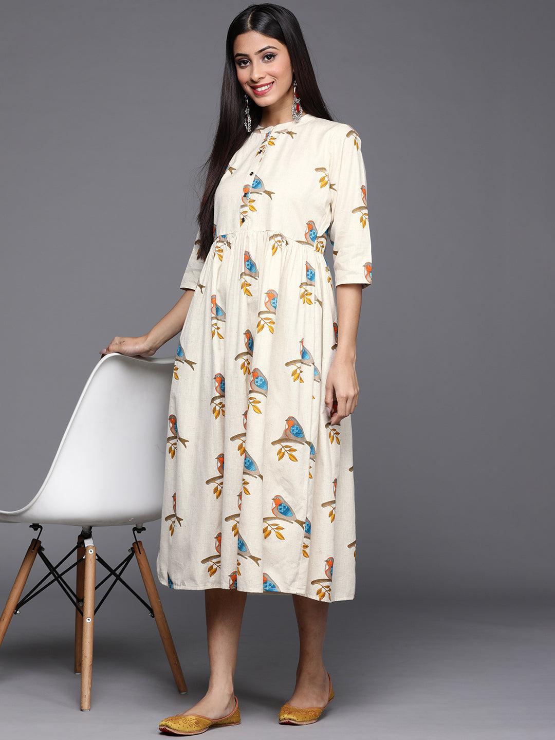 Off White Printed Cotton Dress - ShopLibas