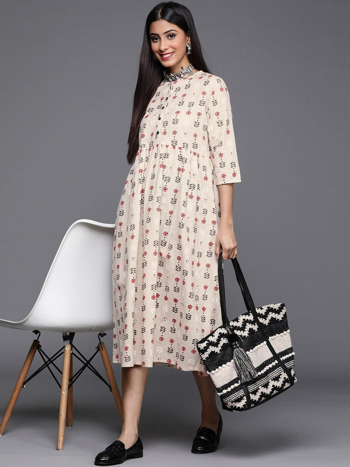 Off White Printed Cotton Dress - ShopLibas