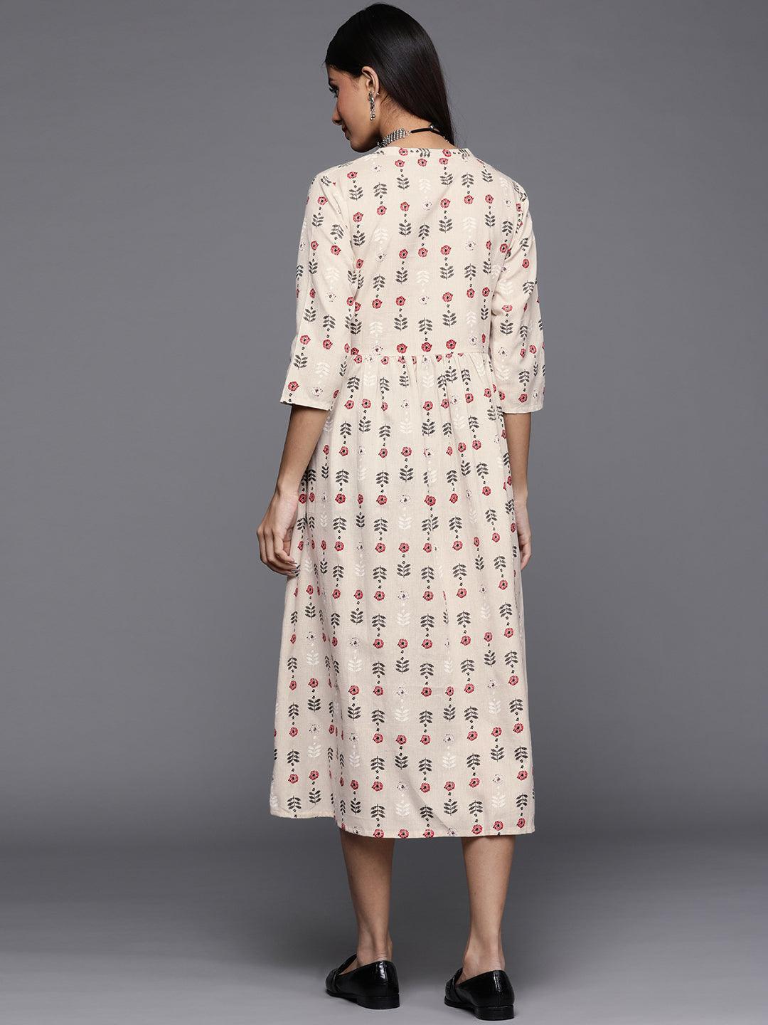 Off White Printed Cotton Dress - ShopLibas