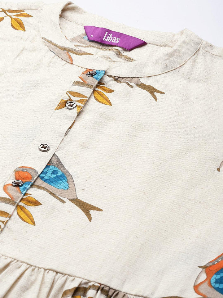 Off White Printed Cotton Dress - ShopLibas