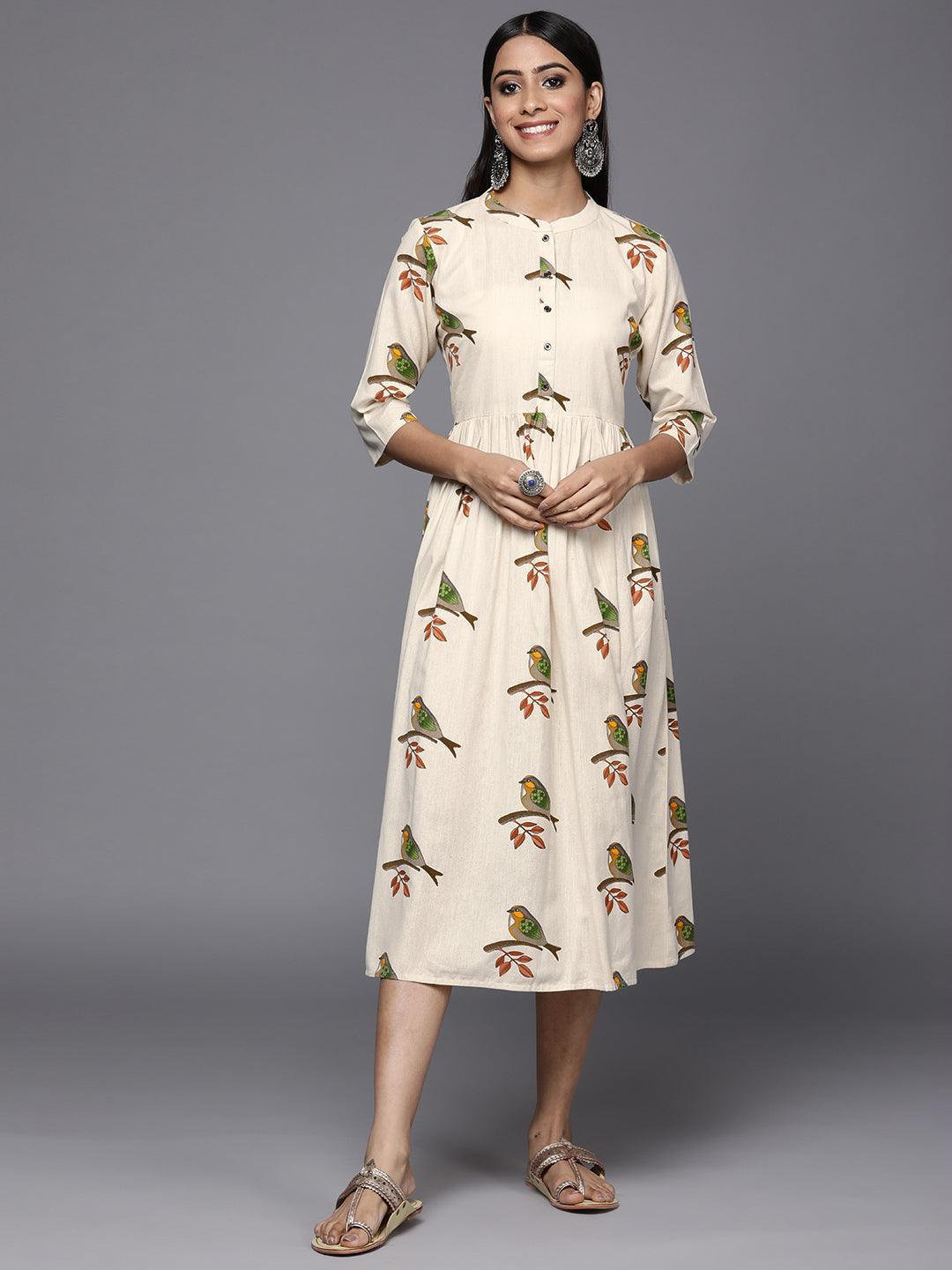 Off White Printed Cotton Fit and Flare Dress - ShopLibas