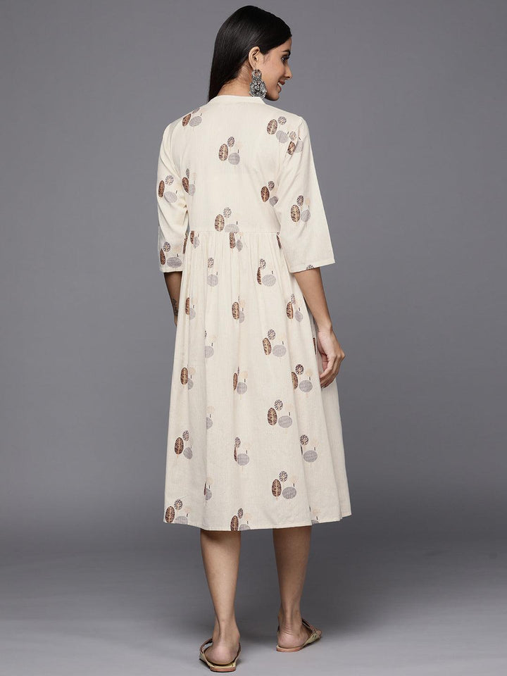 Off White Printed Cotton Fit and Flare Dress - ShopLibas