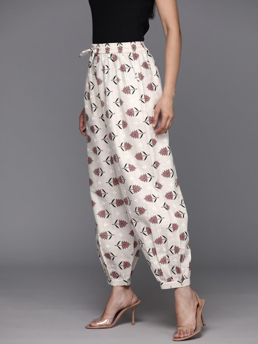 Off White Printed Cotton Salwar - Libas 