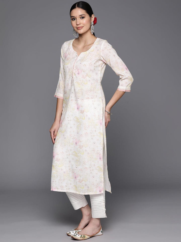 Off White Printed Cotton Straight Kurta