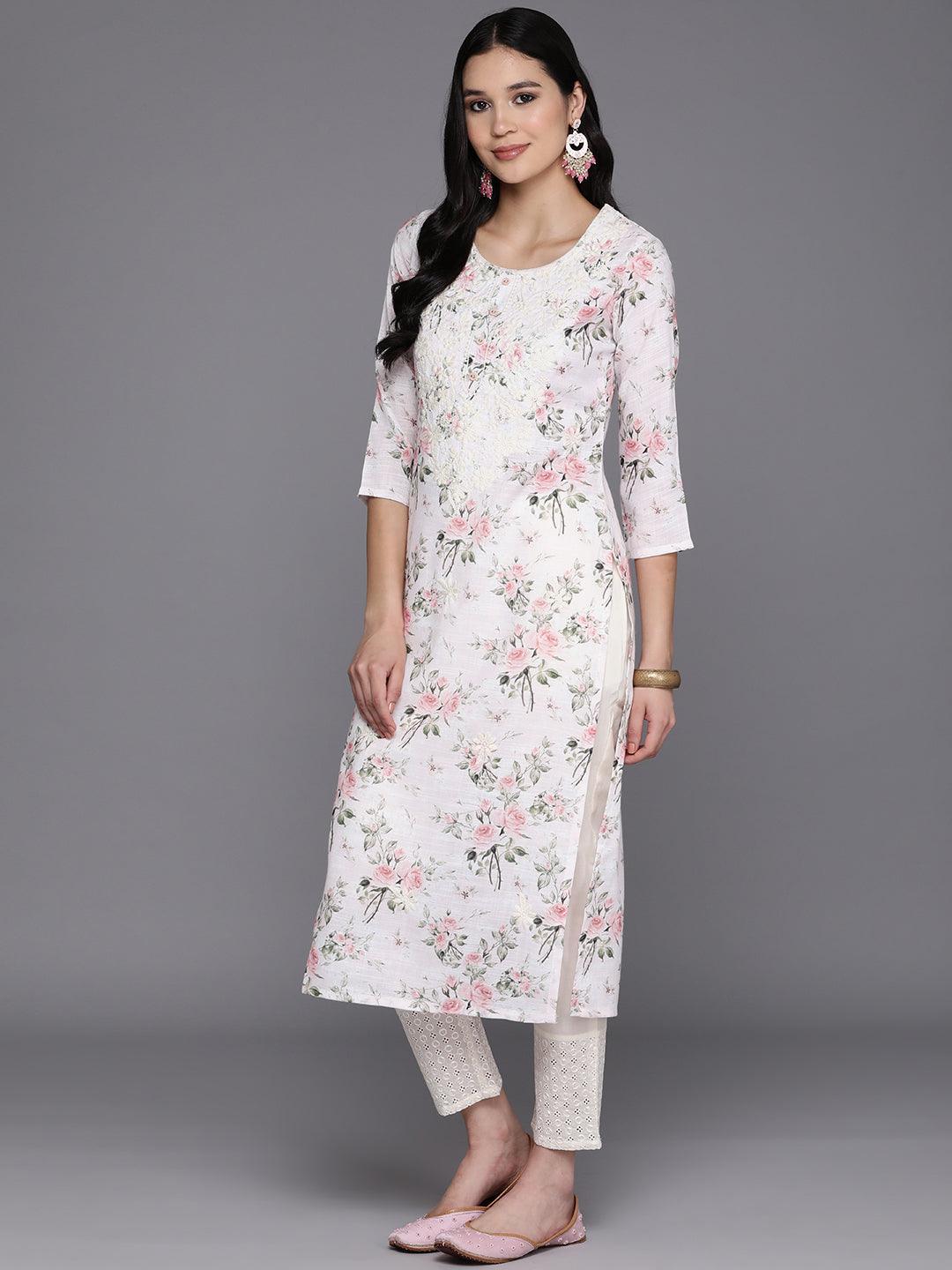 Off White Printed Cotton Straight Kurta - Libas 