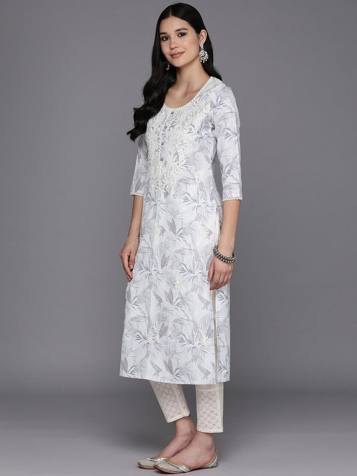 Off White Printed Cotton Straight Kurta