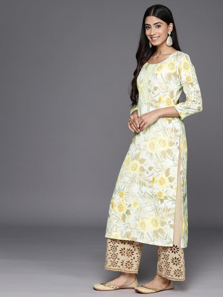 Off White Printed Cotton Straight Kurta