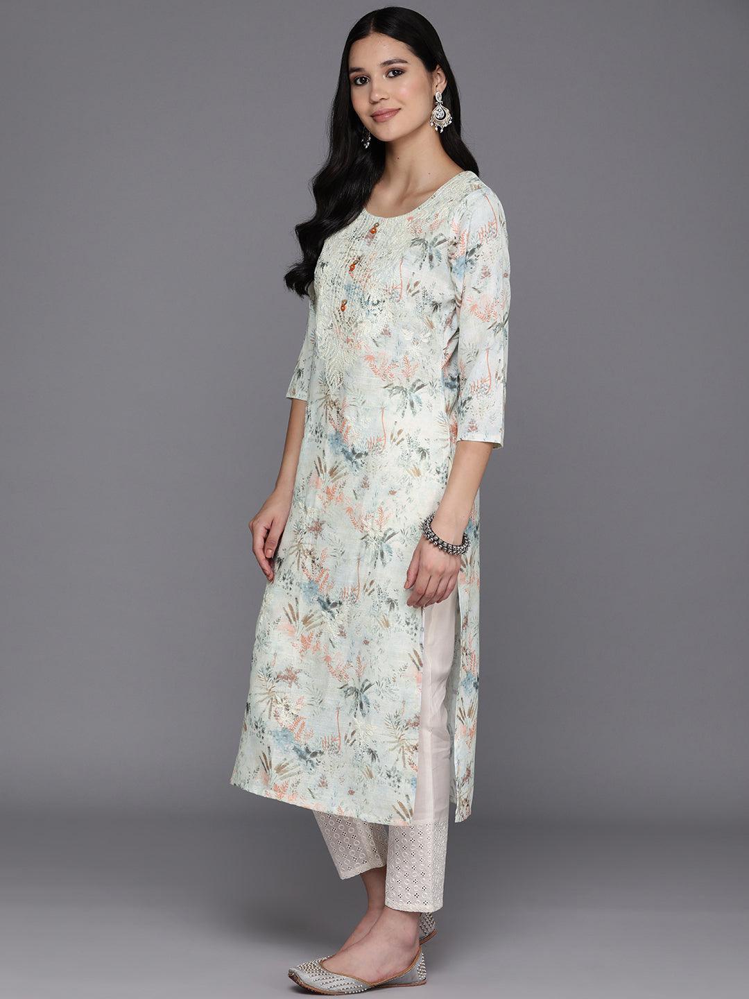 Off White Printed Cotton Straight Kurta - Libas 