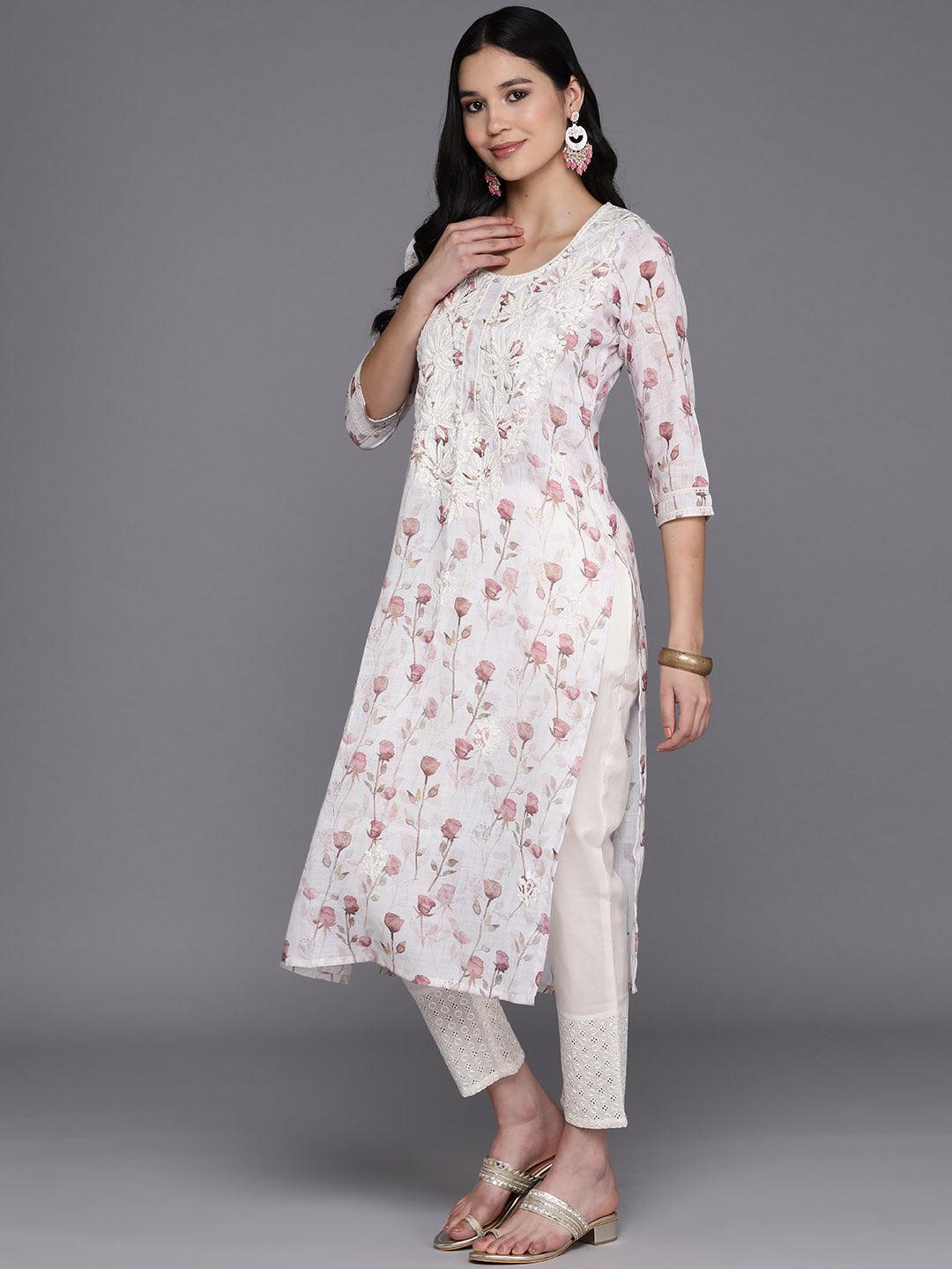 Off White Printed Cotton Straight Kurta - Libas 