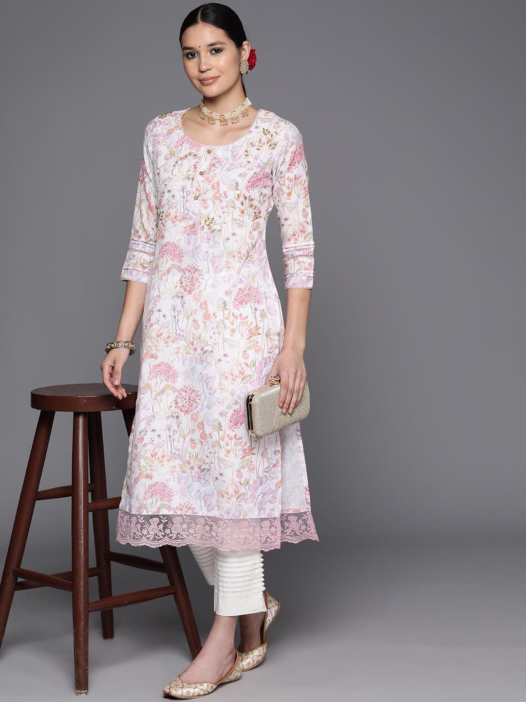 Off White Printed Cotton Straight Kurta - Libas 