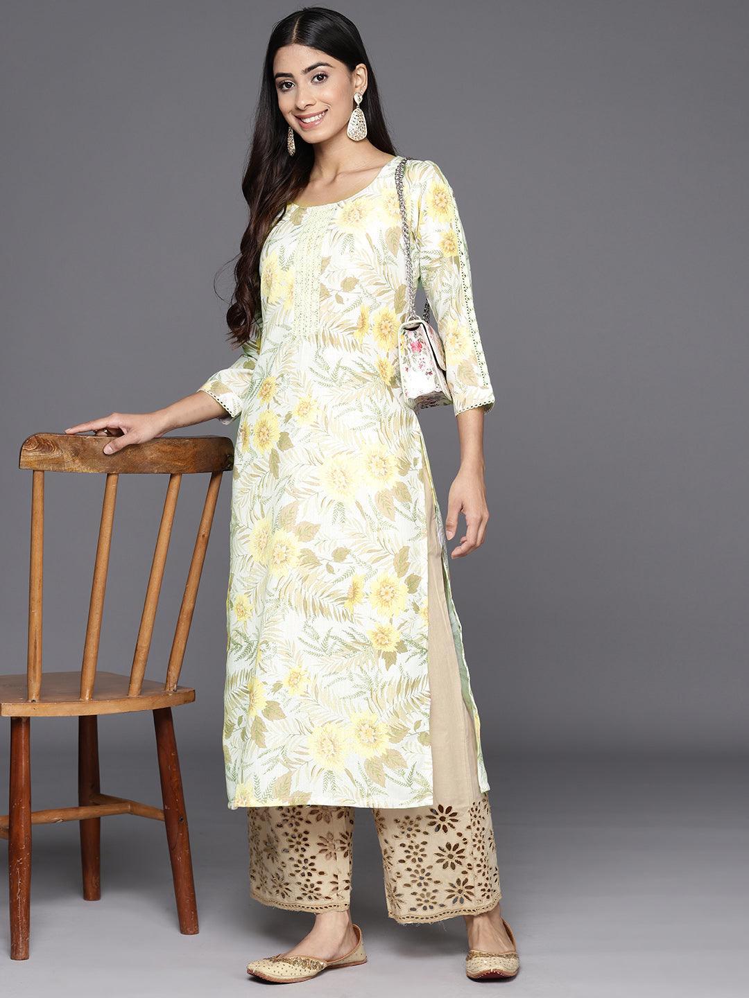 Off White Printed Cotton Straight Kurta - Libas 