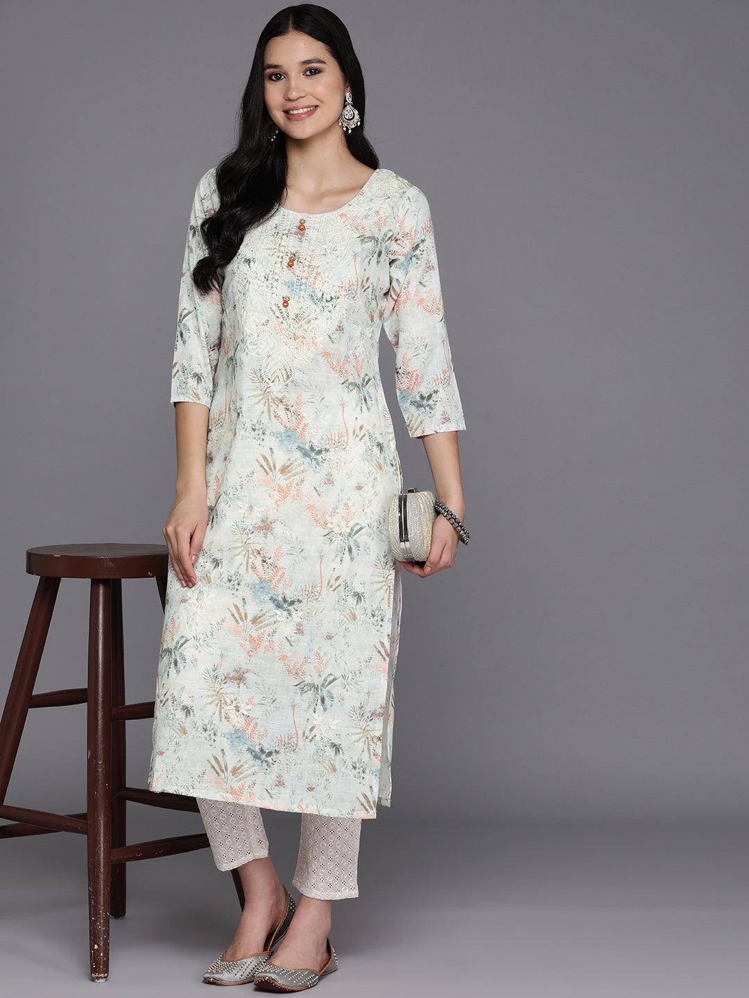 Off White Printed Cotton Straight Kurta - Libas 