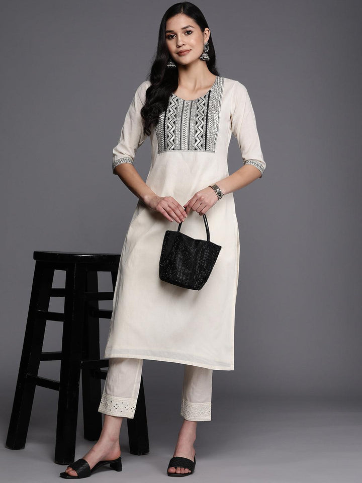 Off White Printed Cotton Straight Kurta