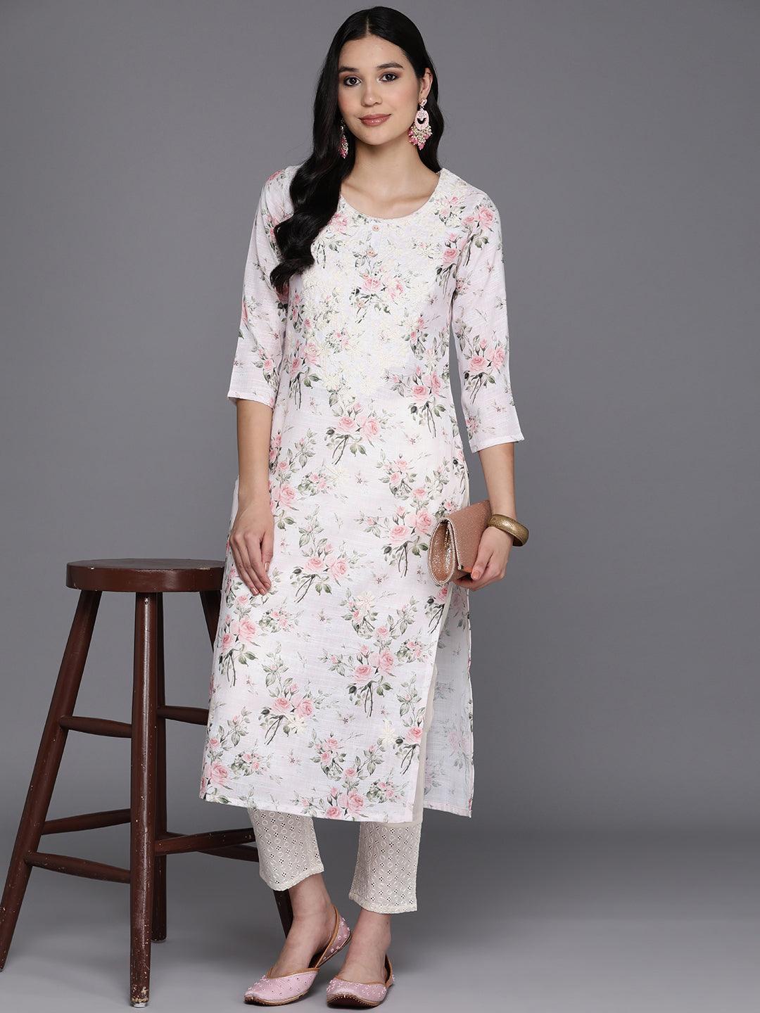 Off White Printed Cotton Straight Kurta - Libas 