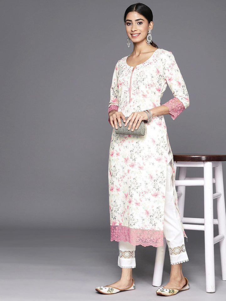 Off White Printed Cotton Straight Kurta