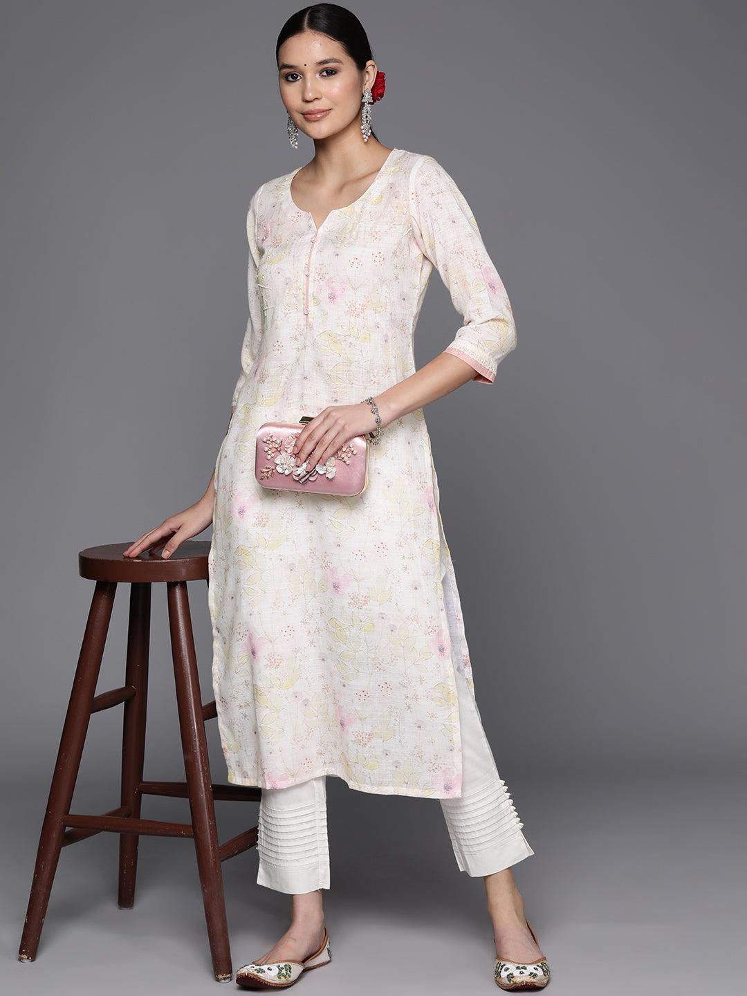 Off White Printed Cotton Straight Kurta - Libas 
