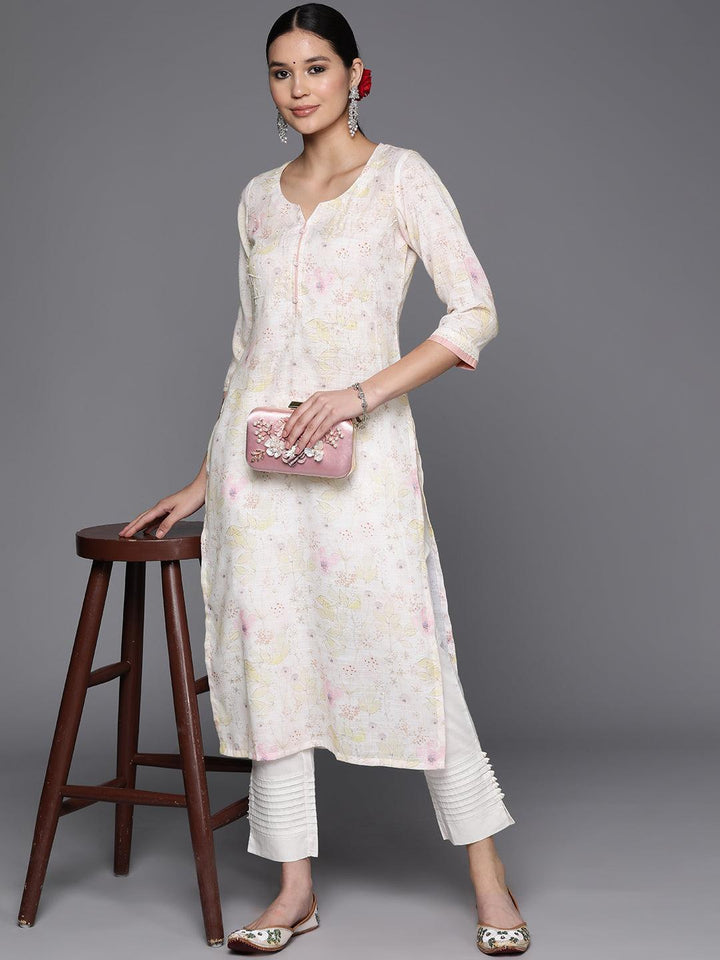 Off White Printed Cotton Straight Kurta