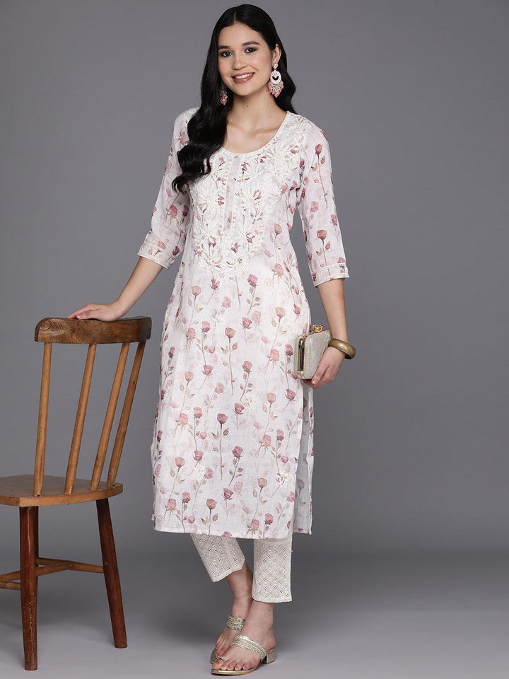 Off White Printed Cotton Straight Kurta