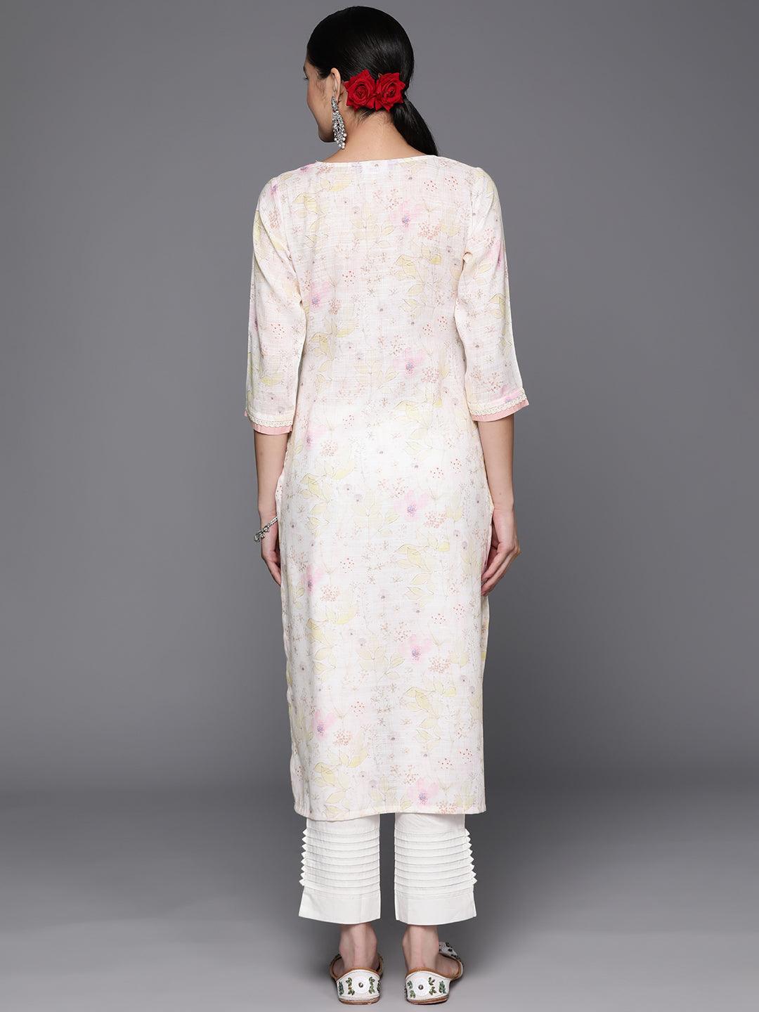 Off White Printed Cotton Straight Kurta - Libas 