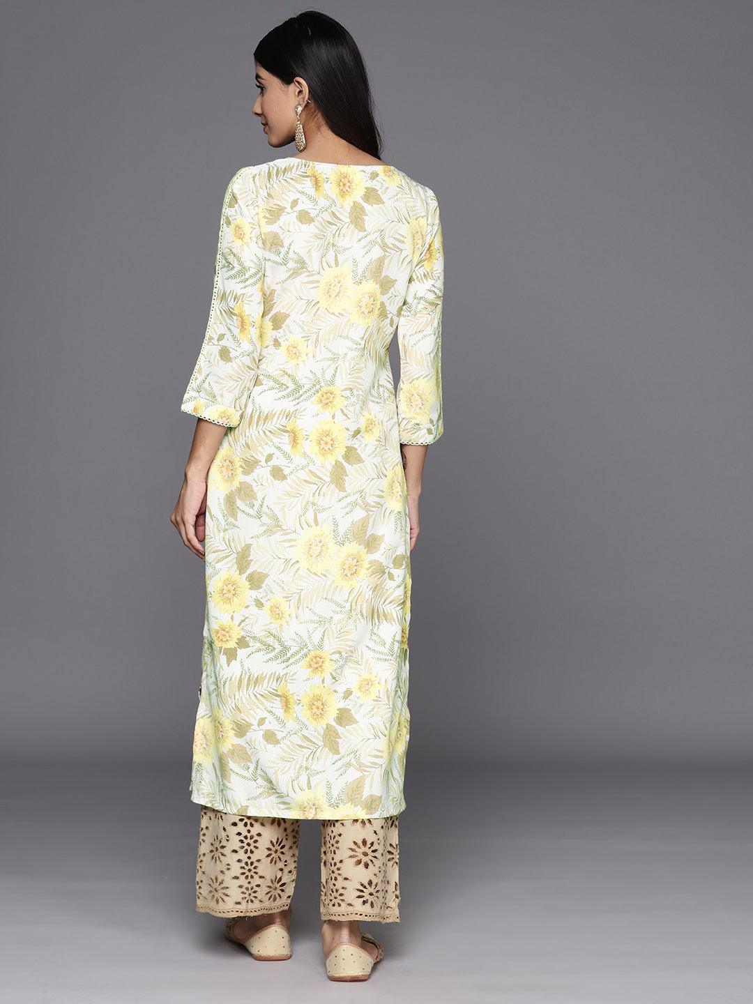 Off White Printed Cotton Straight Kurta - Libas 