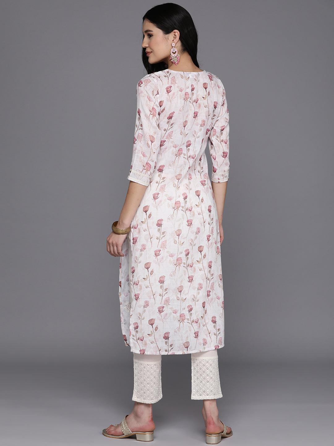 Off White Printed Cotton Straight Kurta - Libas 