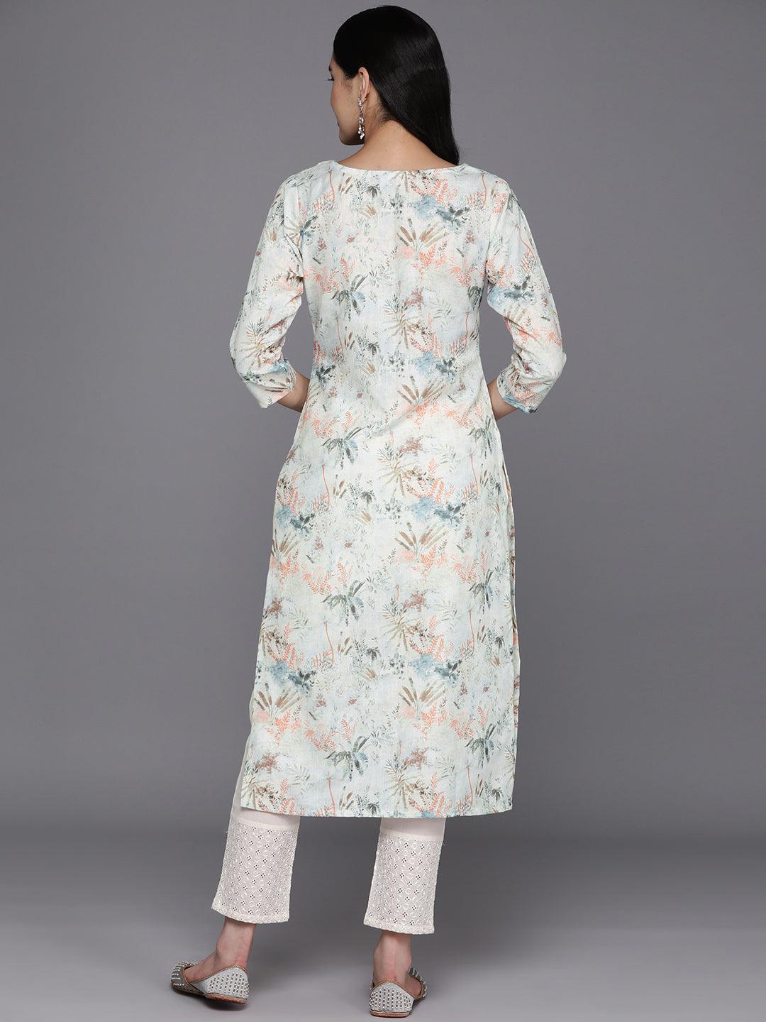 Off White Printed Cotton Straight Kurta - Libas 