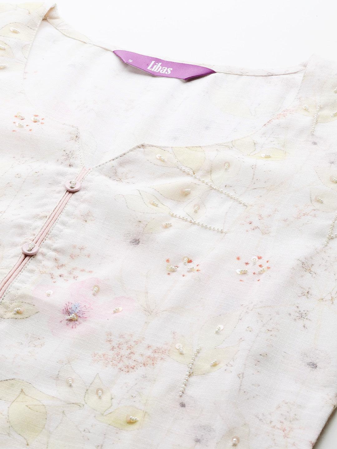 Off White Printed Cotton Straight Kurta - Libas 