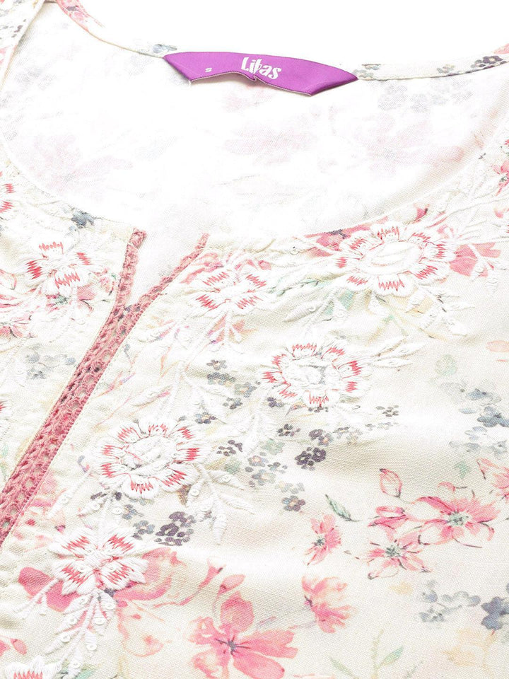 Off White Printed Cotton Straight Kurta