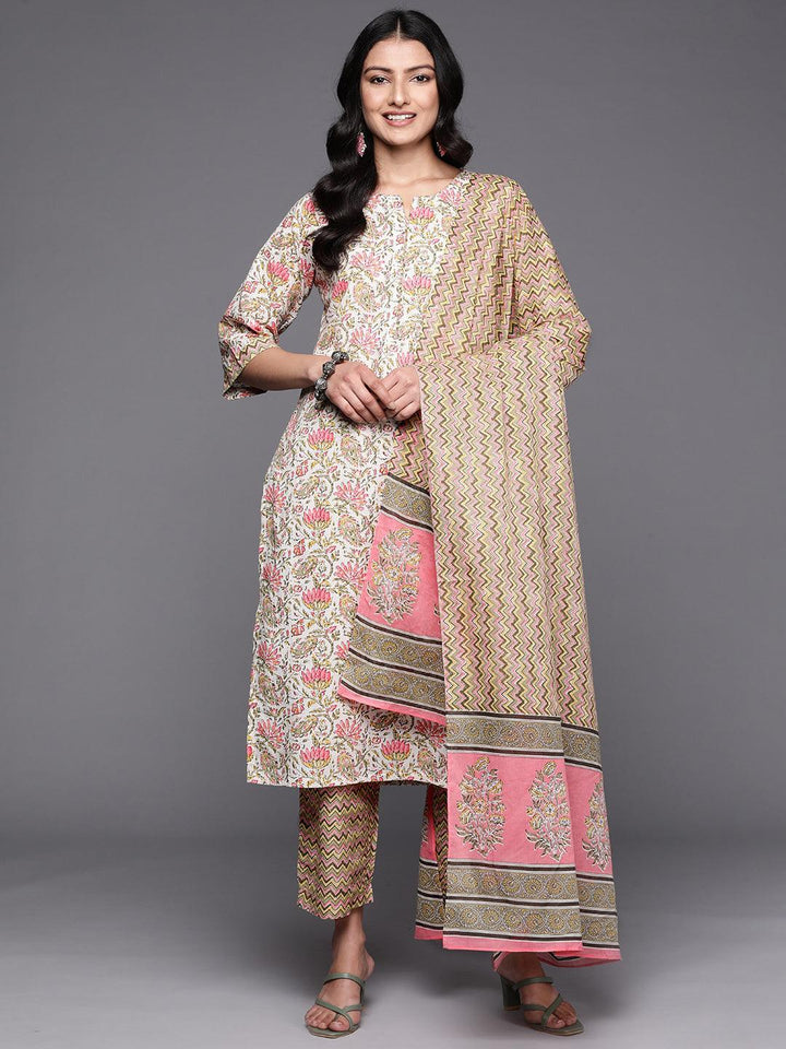 Off White Printed Cotton Straight Suit Set With Trousers