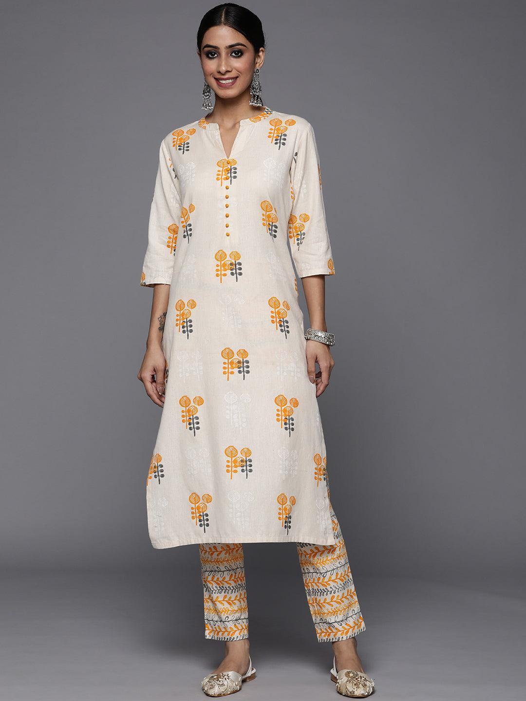 Off White Printed Cotton Straight Kurta Set - ShopLibas