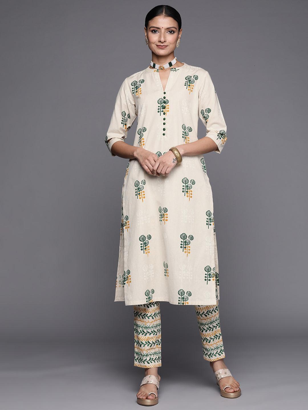 Off White Printed Cotton Straight Kurta Set - ShopLibas