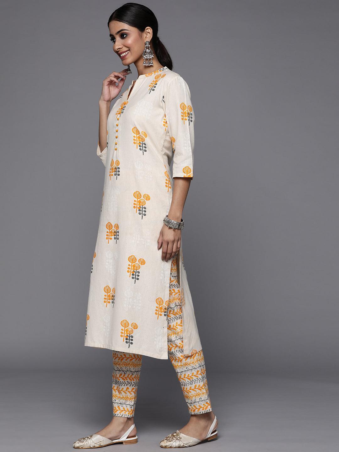 Off White Printed Cotton Straight Kurta Set - ShopLibas 