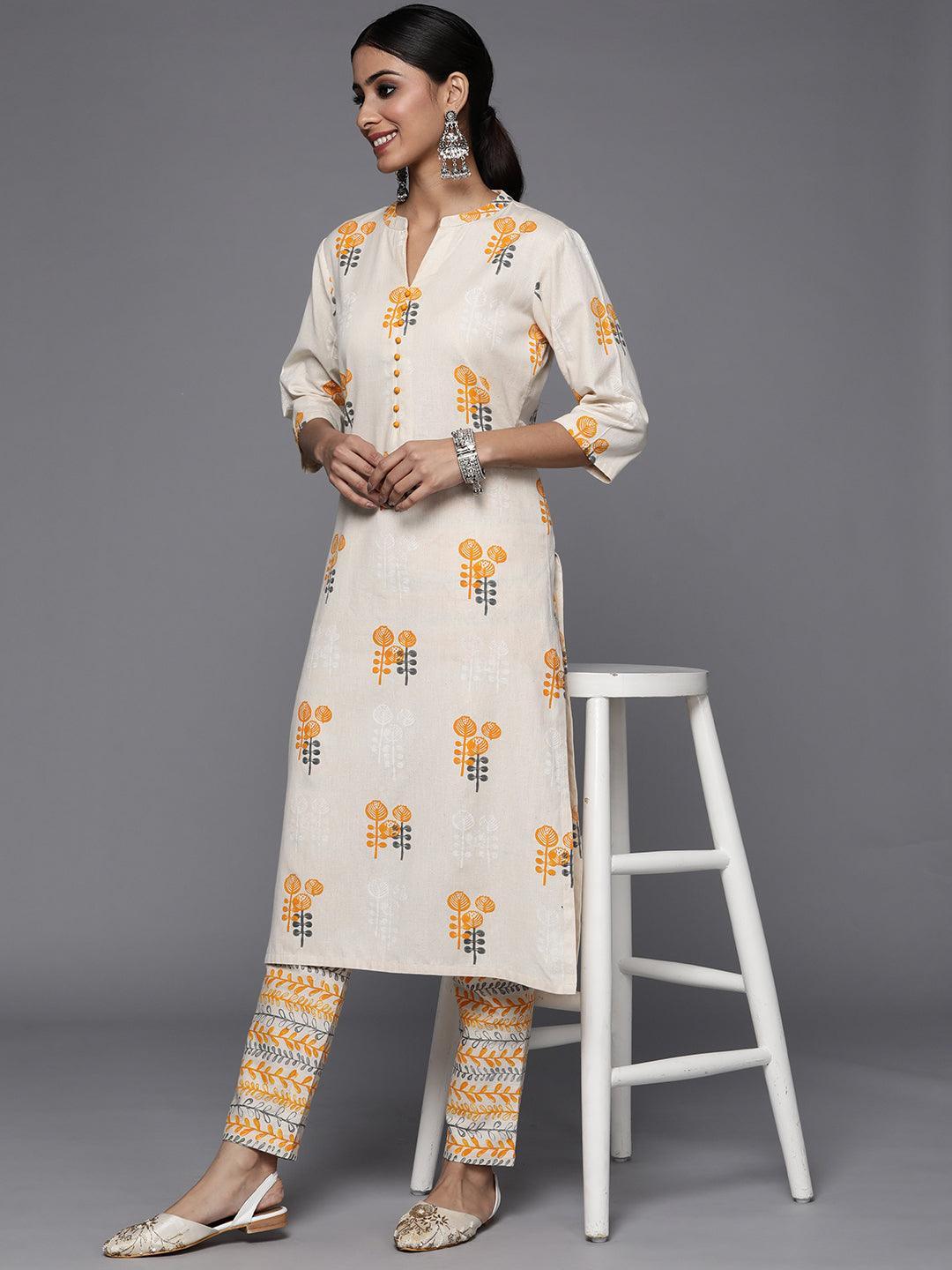 Off White Printed Cotton Straight Kurta Set - ShopLibas 