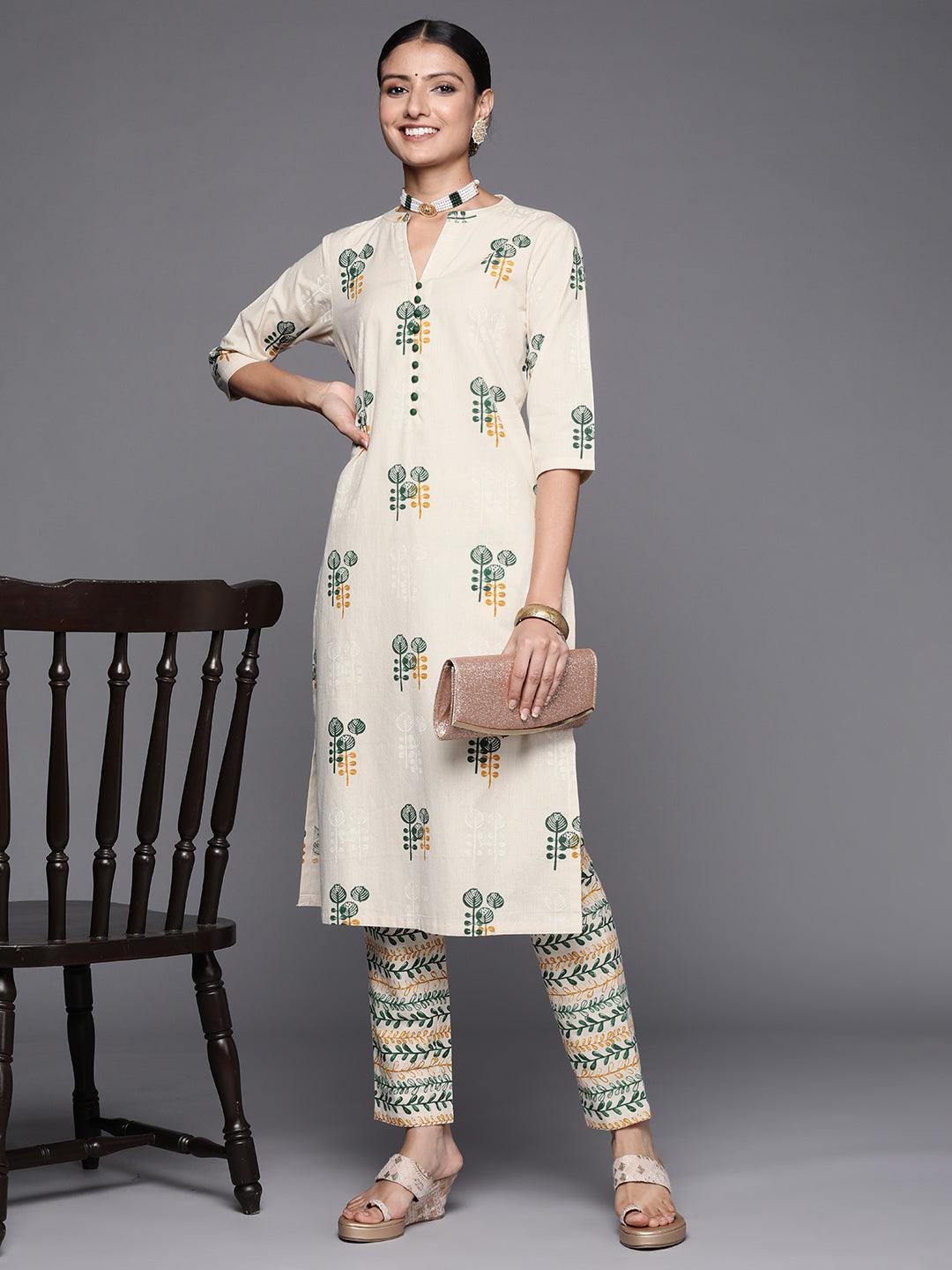 Off White Printed Cotton Straight Kurta Set - ShopLibas 