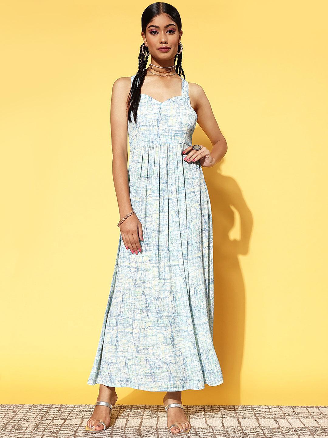 Off White Printed Georgette Fit and Flare Dress - ShopLibas