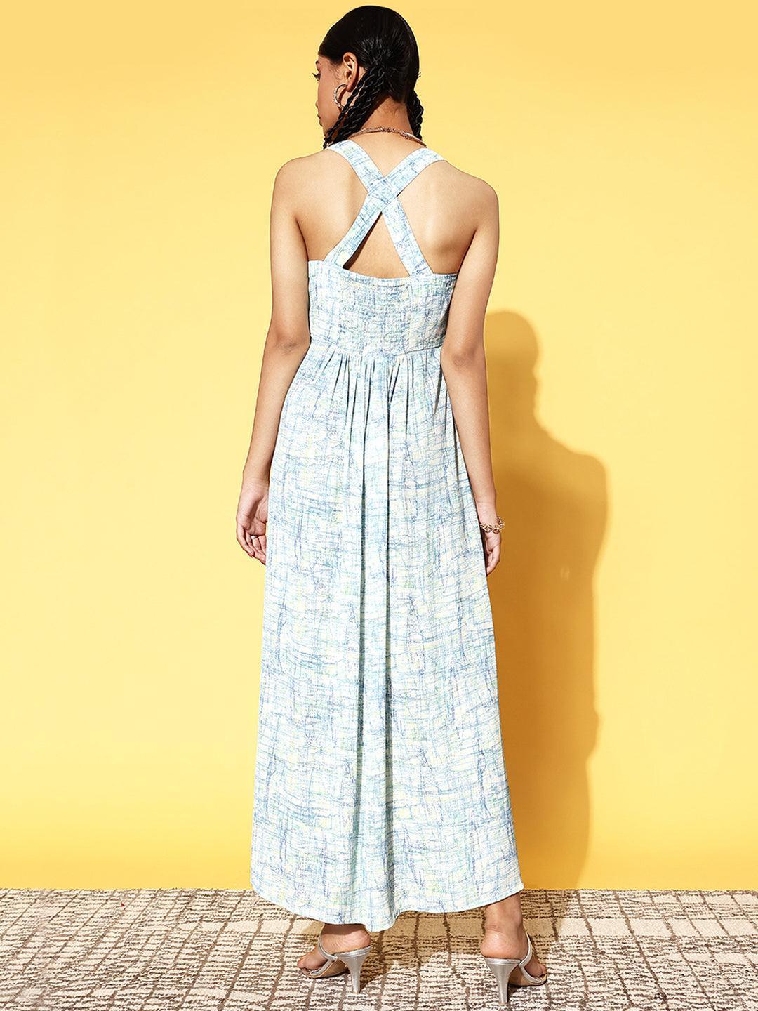 Off White Printed Georgette Fit and Flare Dress - ShopLibas