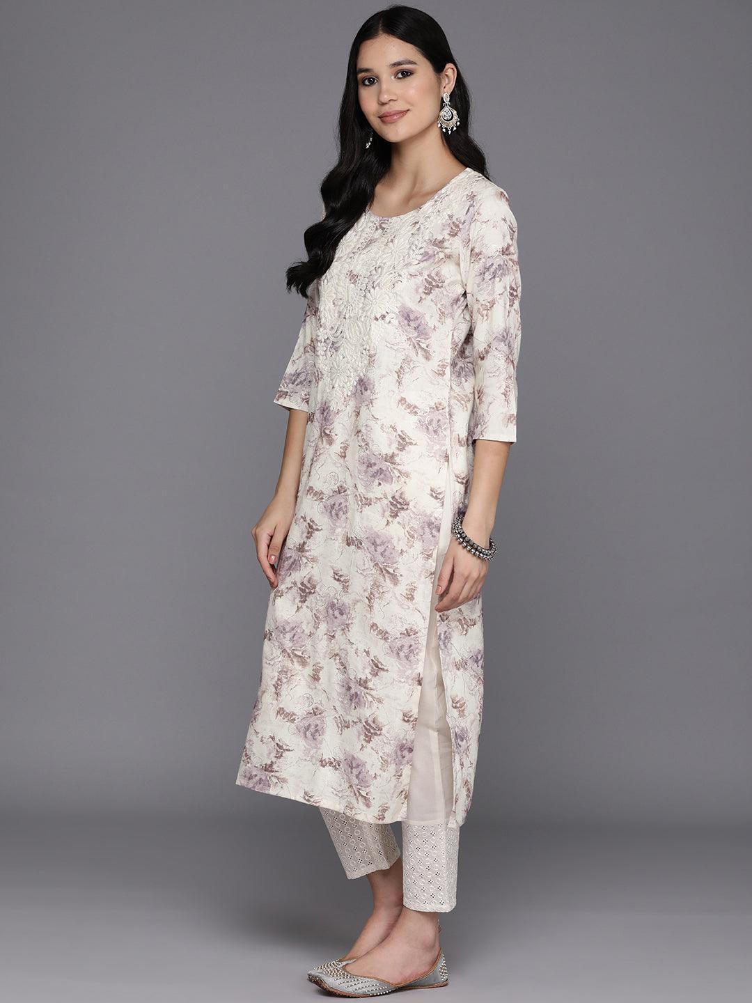Off White Printed Rayon Straight Kurta - Libas 